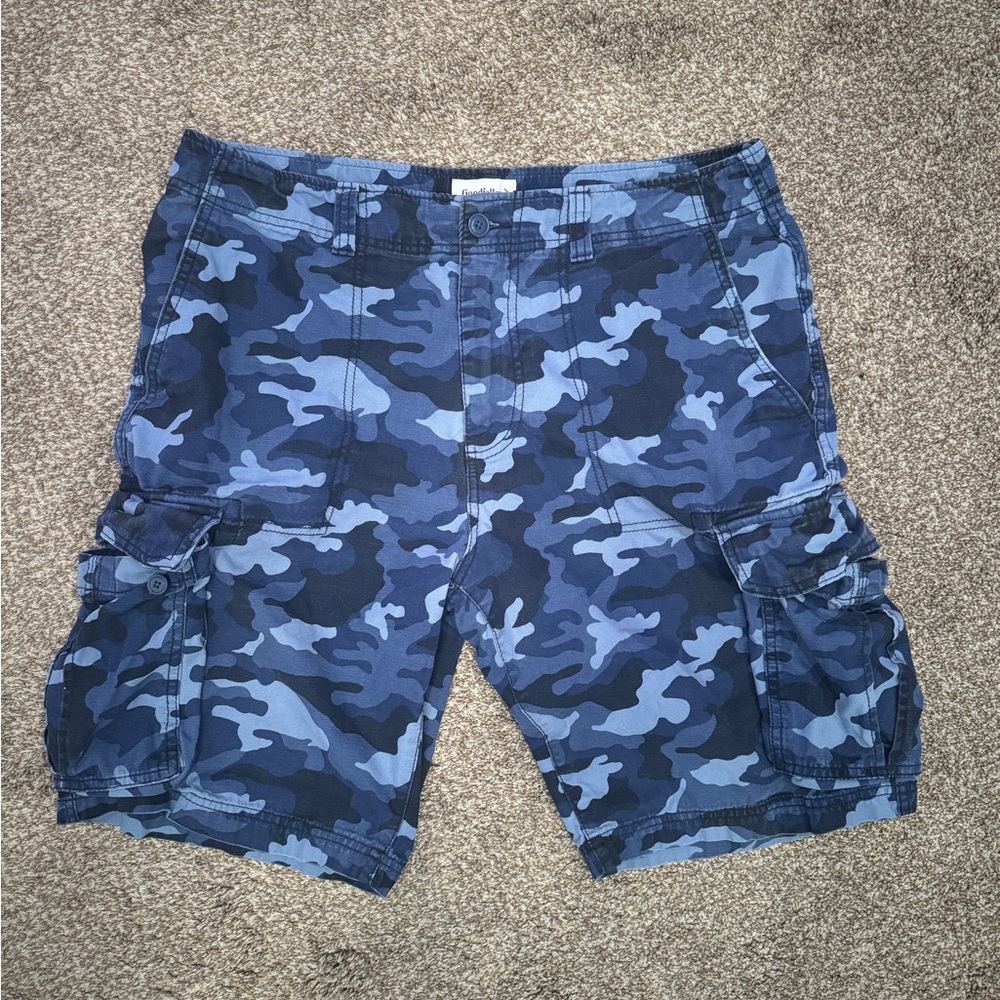 Blue camo cargo shorts